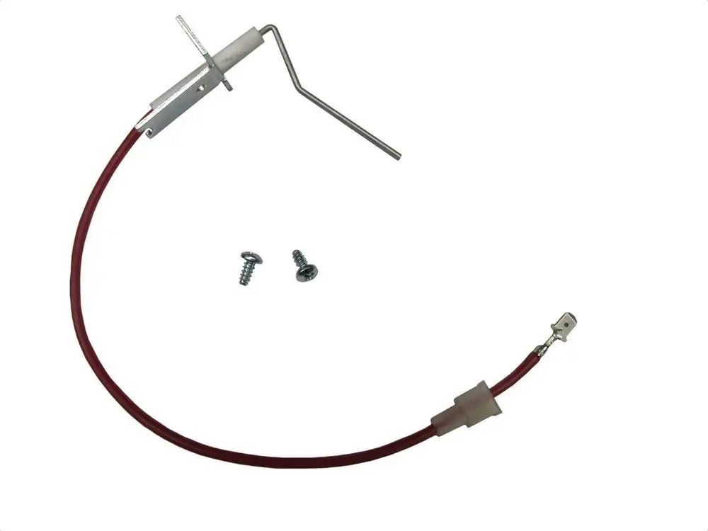 Ionisationselektrode von Bosch mit rotem Kabel und anschlussfertiger Metallhalterung, begleitet von zwei Schrauben zur Befestigung.
